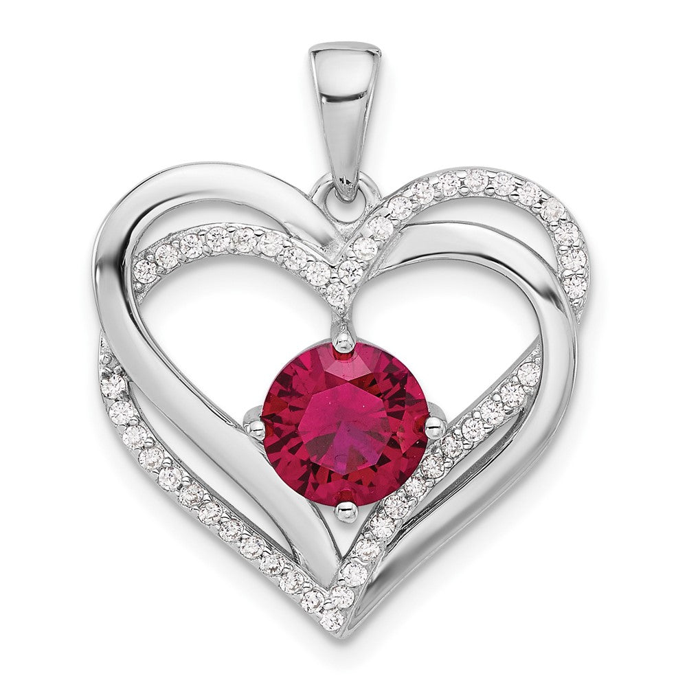 Sterling Silver Rhodium-Plated Red and White CZ Double Heart Pendant