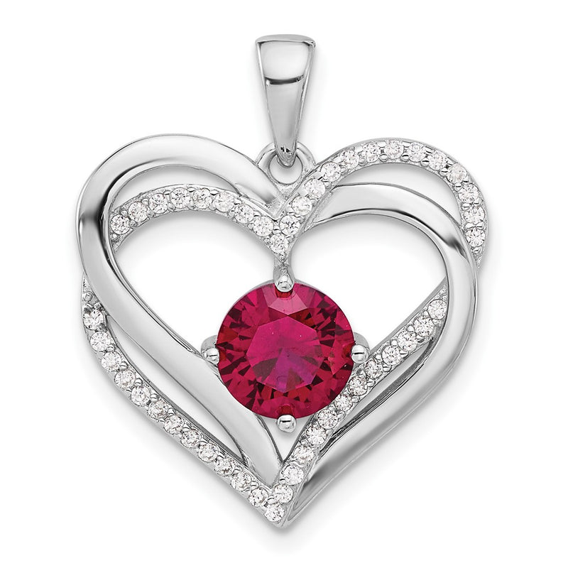 Sterling Silver Rhodium-Plated Red and White CZ Double Heart Pendant