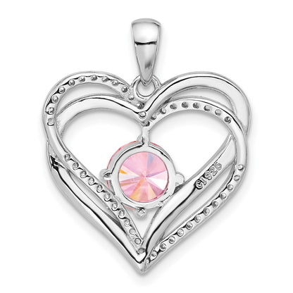 Sterling Silver Rhodium-Plated Pink and White CZ Double Heart Pendant