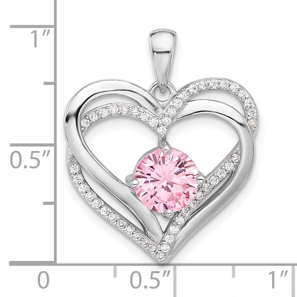 Sterling Silver Rhodium-Plated Pink and White CZ Double Heart Pendant