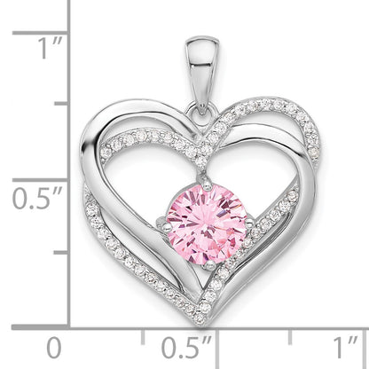Sterling Silver Rhodium-Plated Pink and White CZ Double Heart Pendant
