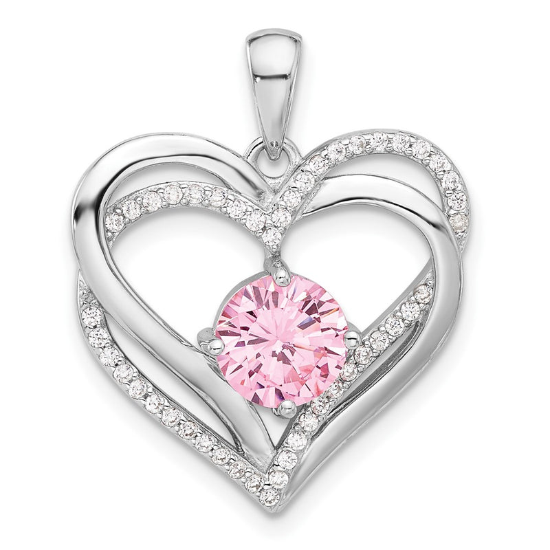 Sterling Silver Rhodium-Plated Pink and White CZ Double Heart Pendant
