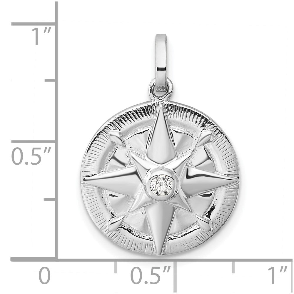 Sterling Silver Rhodium-Plated CZ Compass Pendant