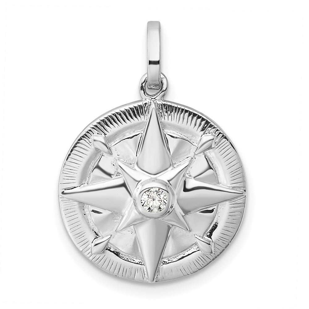 Sterling Silver Rhodium-Plated CZ Compass Pendant