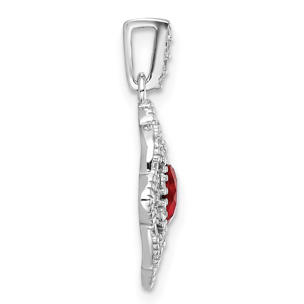 Sterling Silver Rhodium Plated Red Glass & Clear CZ Fancy Vintage Pendant