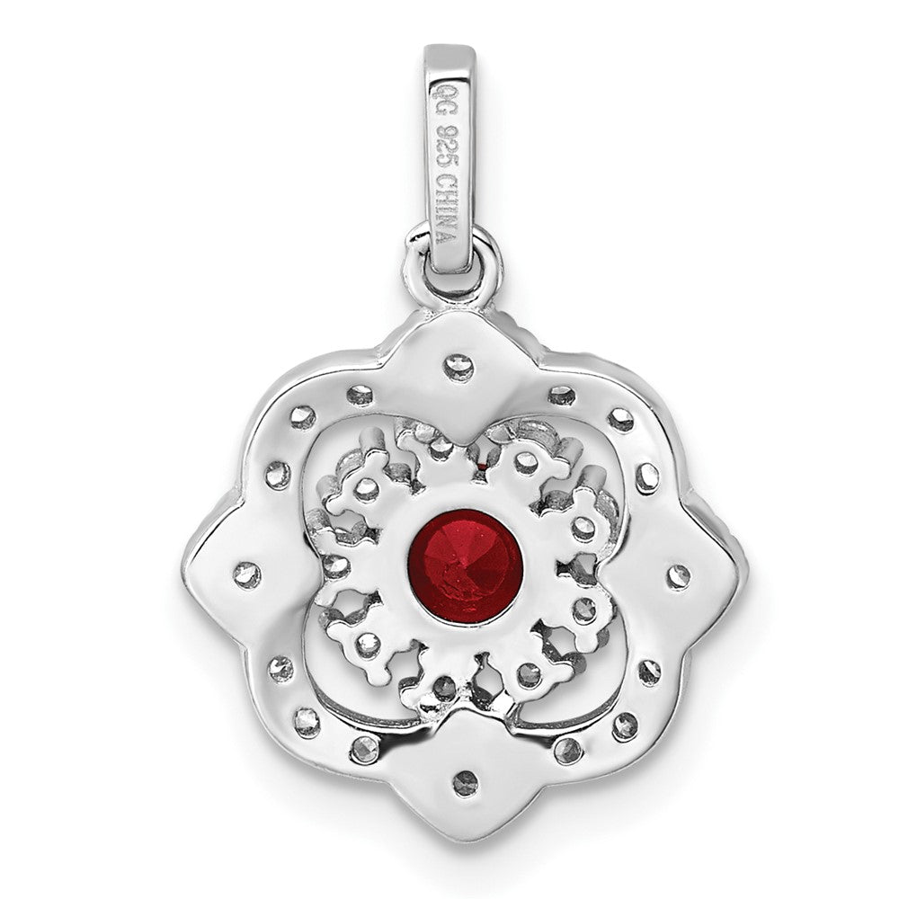 Sterling Silver Rhodium Plated Red Glass & Clear CZ Fancy Vintage Pendant
