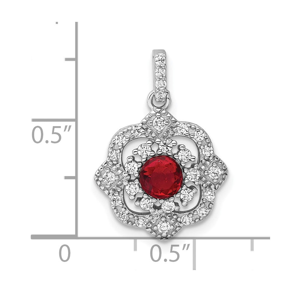 Sterling Silver Rhodium Plated Red Glass & Clear CZ Fancy Vintage Pendant