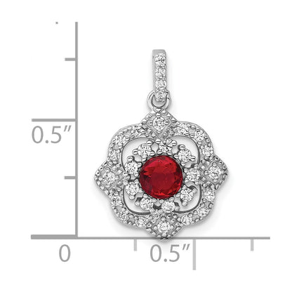 Sterling Silver Rhodium Plated Red Glass & Clear CZ Fancy Vintage Pendant