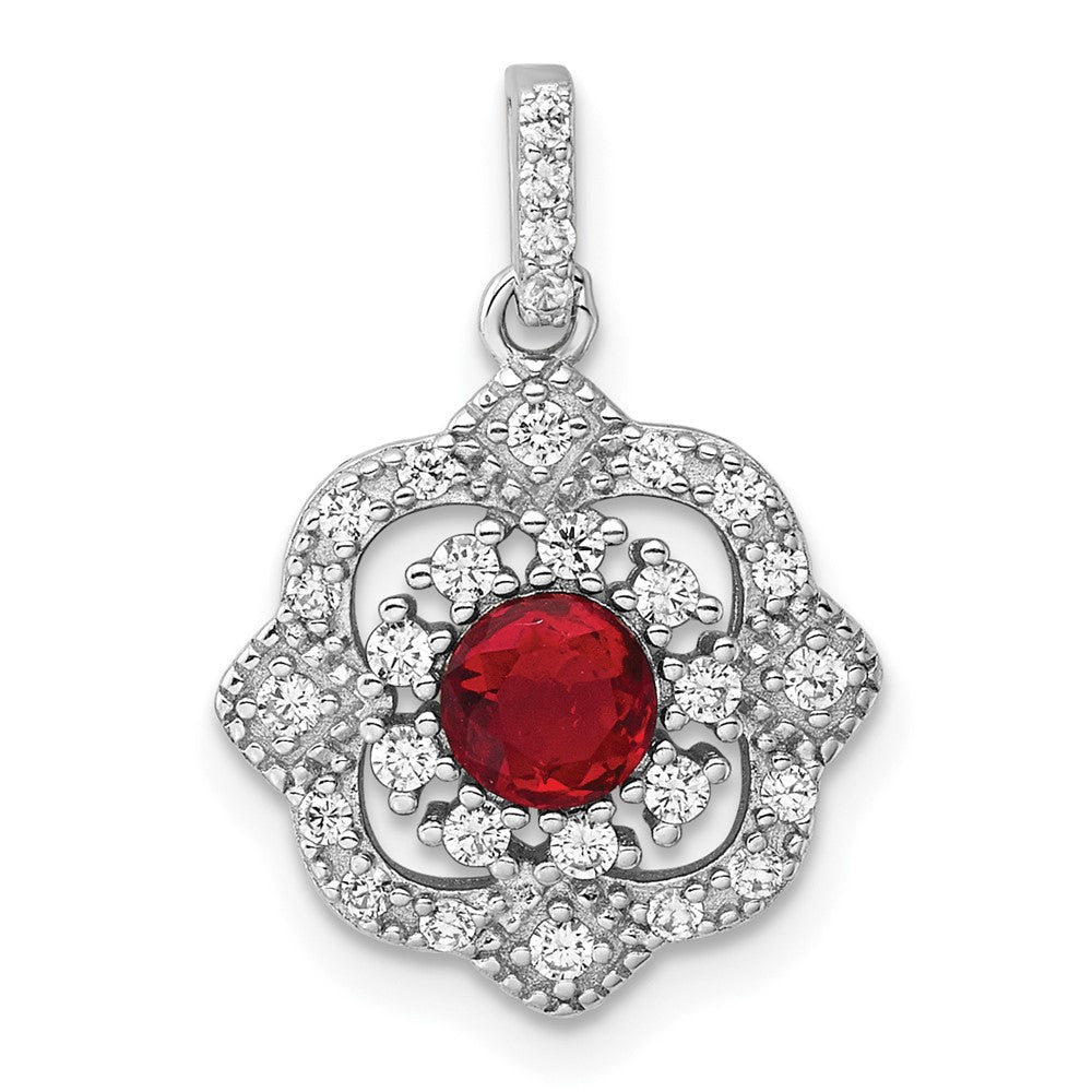 Sterling Silver Rhodium Plated Red Glass & Clear CZ Fancy Vintage Pendant