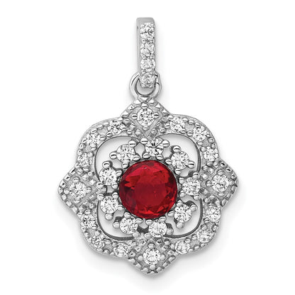 Sterling Silver Rhodium Plated Red Glass & Clear CZ Fancy Vintage Pendant