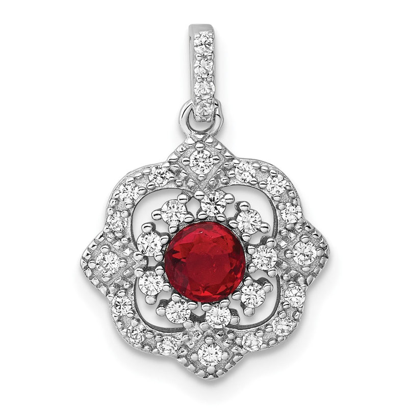 Sterling Silver Rhodium Plated Red Glass & Clear CZ Fancy Vintage Pendant