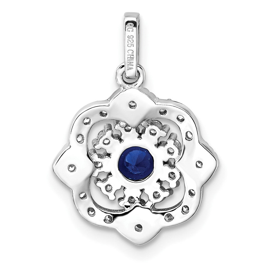 Sterling Silver Rh-Pltd Blue Glass & Clear CZ Fancy Vintage Pendant