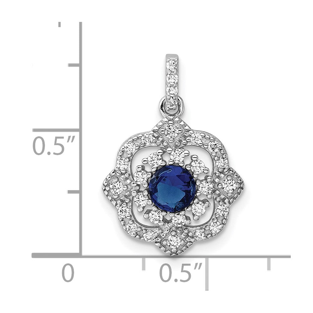Sterling Silver Rh-Pltd Blue Glass & Clear CZ Fancy Vintage Pendant
