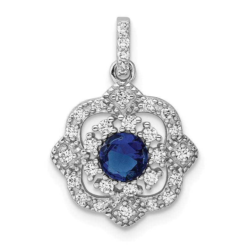 Sterling Silver Rh-Pltd Blue Glass & Clear CZ Fancy Vintage Pendant