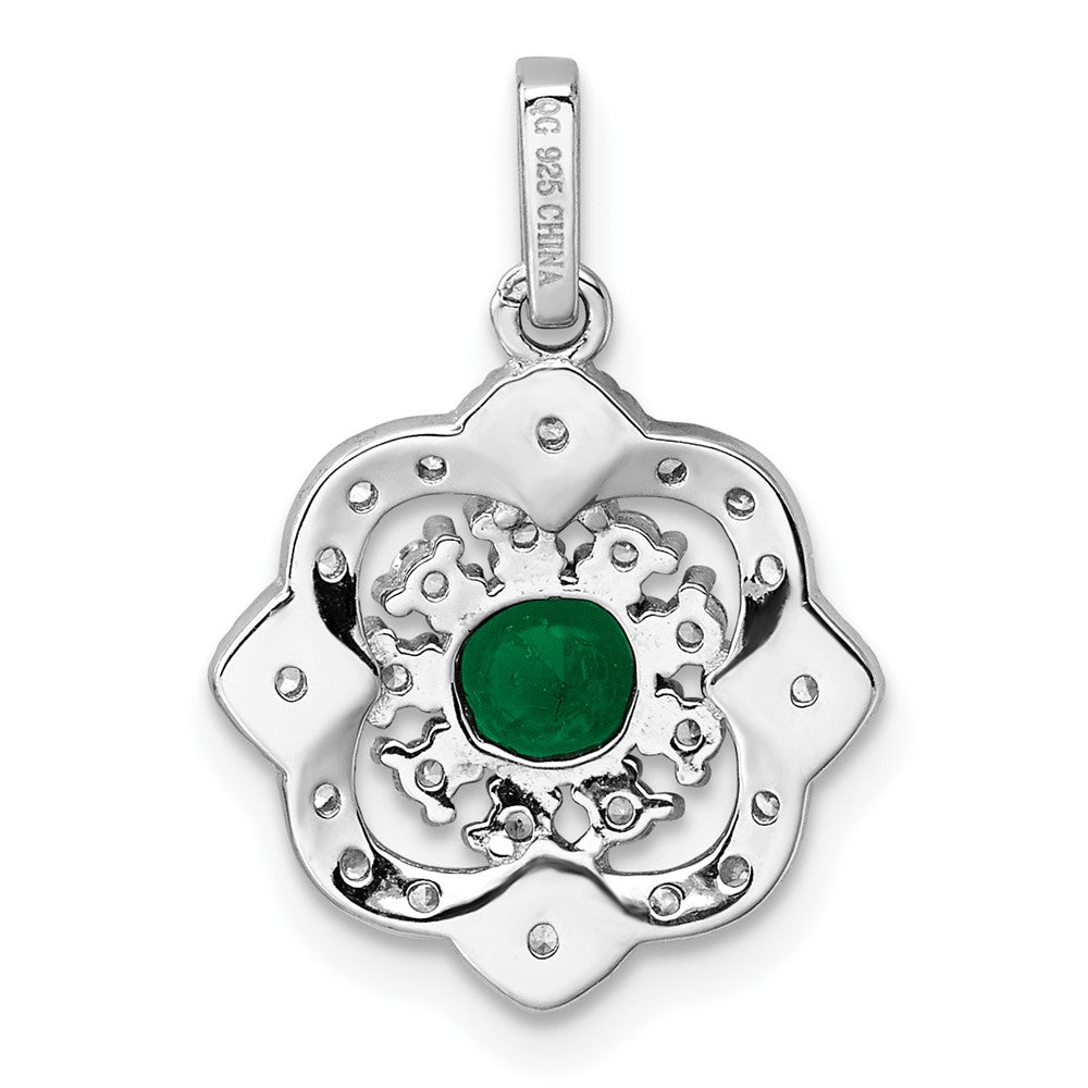 Sterling Silver Rh-Pltd Green Glass & Clear CZ Fancy Vintage Pendant