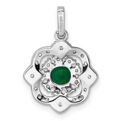 Sterling Silver Rh-Pltd Green Glass & Clear CZ Fancy Vintage Pendant