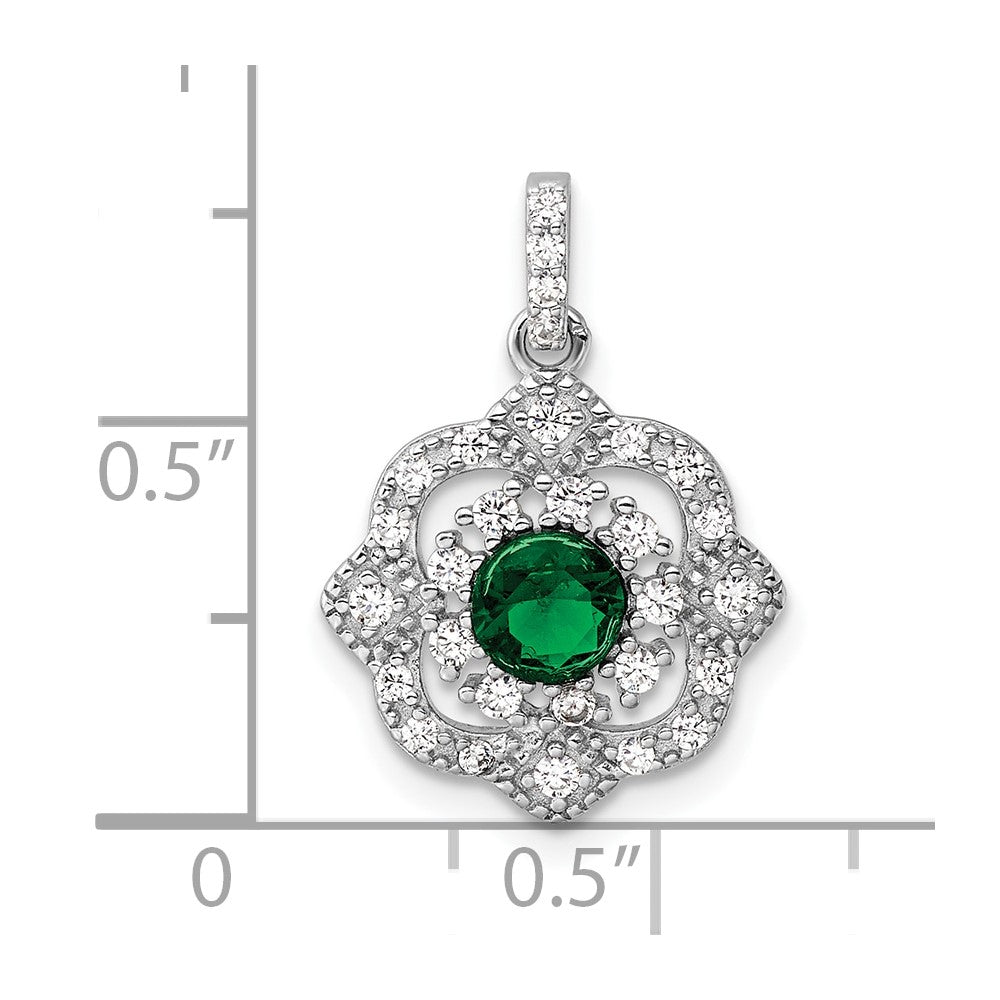 Sterling Silver Rh-Pltd Green Glass & Clear CZ Fancy Vintage Pendant