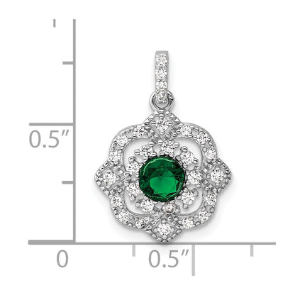 Sterling Silver Rh-Pltd Green Glass & Clear CZ Fancy Vintage Pendant