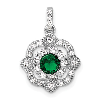 Sterling Silver Rh-Pltd Green Glass & Clear CZ Fancy Vintage Pendant