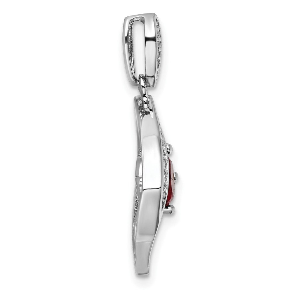 Sterling Silver Rhodium Plated Red Glass & Clear CZ Fancy Square Pendant