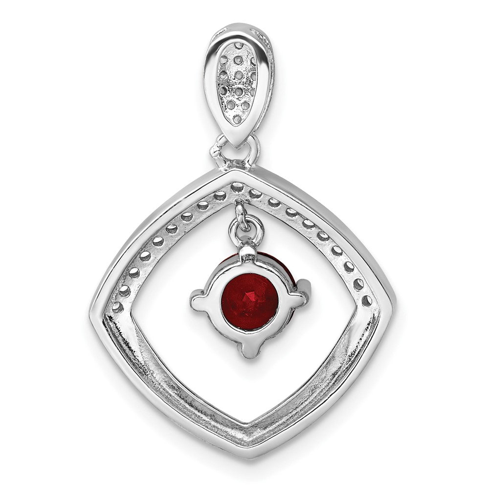 Sterling Silver Rhodium Plated Red Glass & Clear CZ Fancy Square Pendant