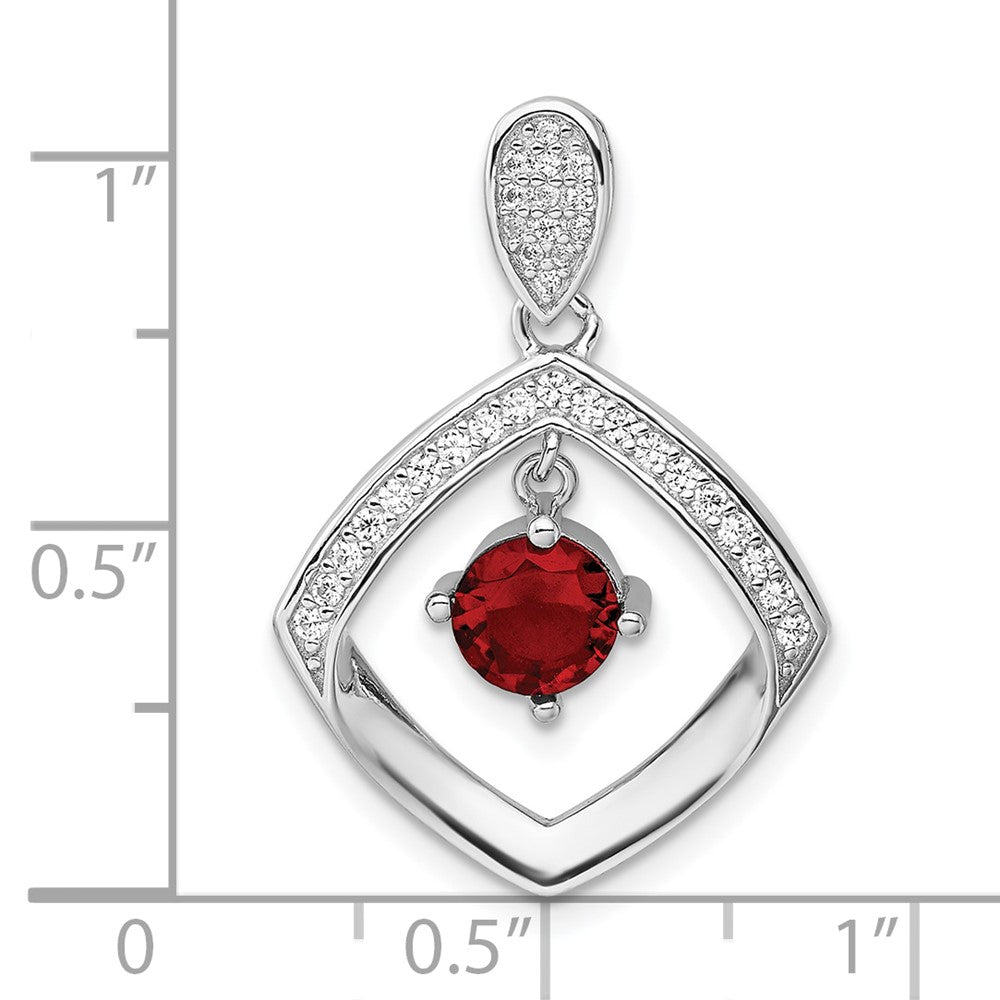 Sterling Silver Rhodium Plated Red Glass & Clear CZ Fancy Square Pendant