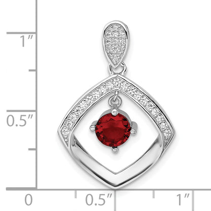 Sterling Silver Rhodium Plated Red Glass & Clear CZ Fancy Square Pendant