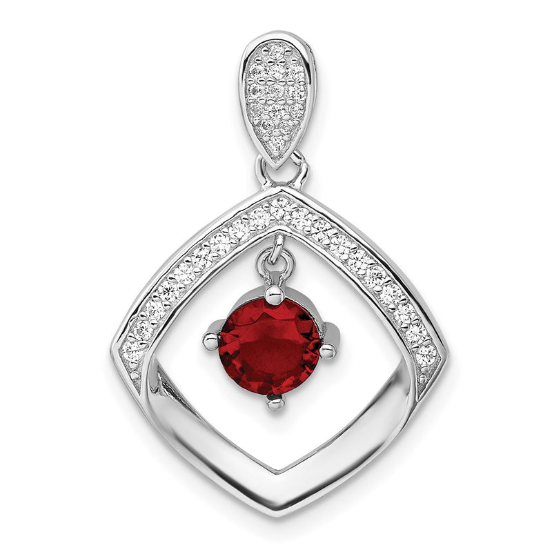 Sterling Silver Rhodium Plated Red Glass & Clear CZ Fancy Square Pendant