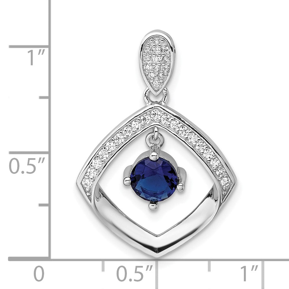 Sterling Silver Rh-Pltd Blue Glass and Clear CZ Fancy Square Pendant