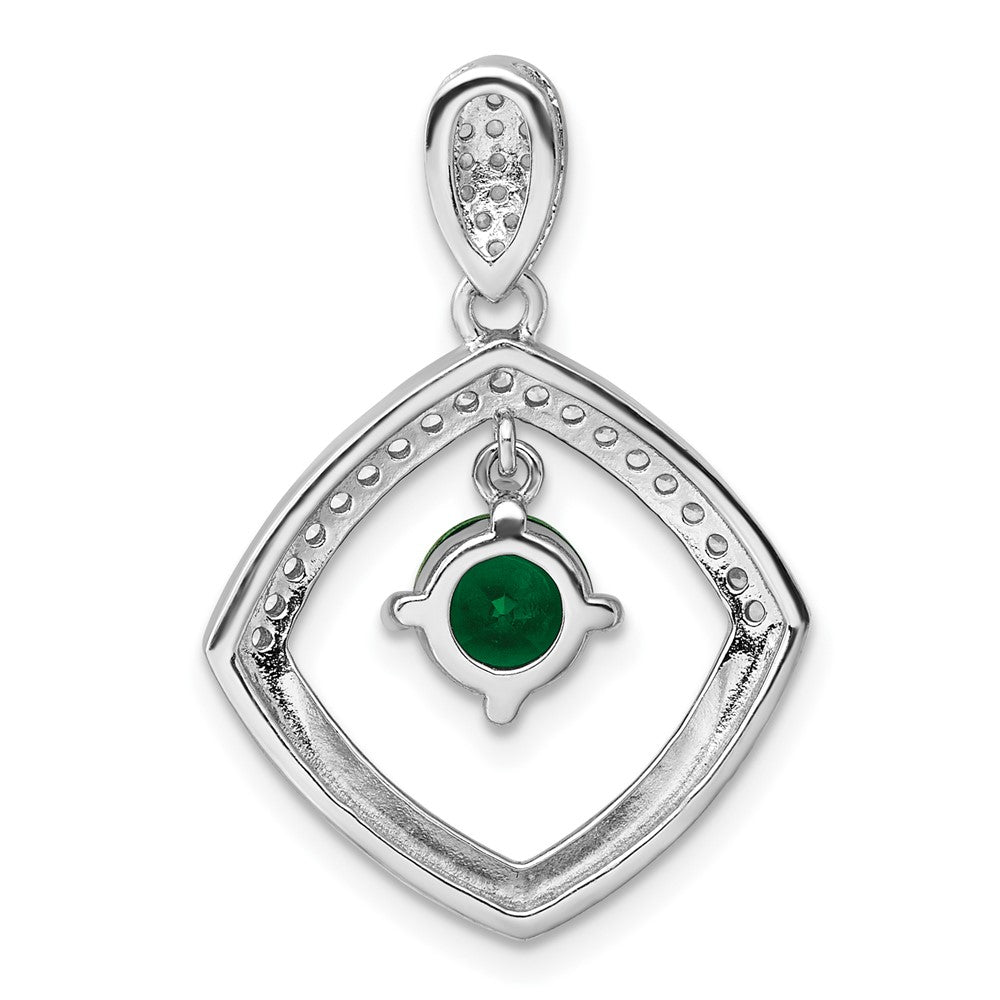 Sterling Silver Rh-Pltd Green Glass and Clear CZ Fancy Square Pendant