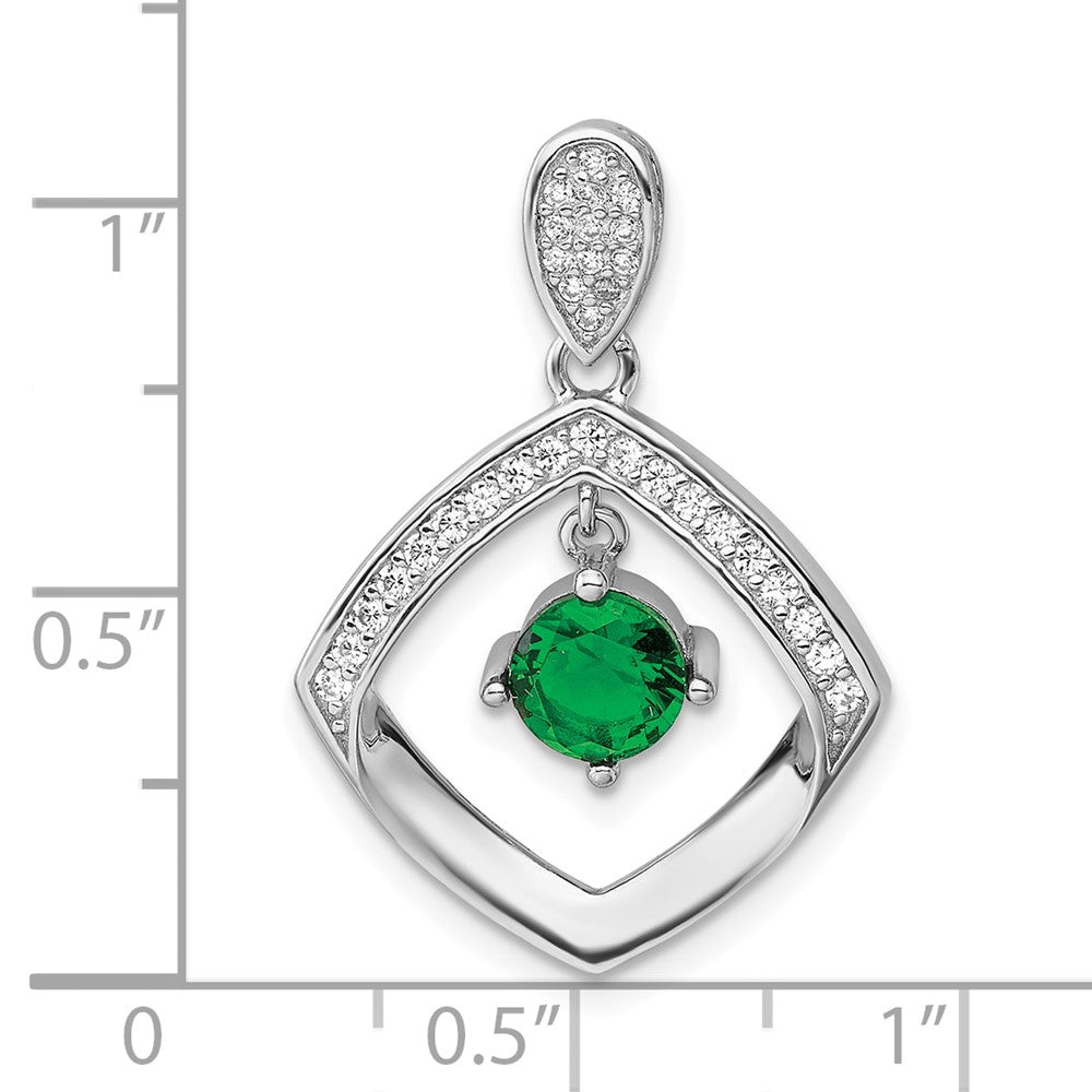Sterling Silver Rh-Pltd Green Glass and Clear CZ Fancy Square Pendant