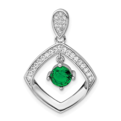 Sterling Silver Rh-Pltd Green Glass and Clear CZ Fancy Square Pendant