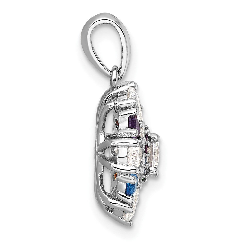 Sterling Silver Rhodium-Pltd Rainbow Nano Crystal &clear CZ Floral Pendant