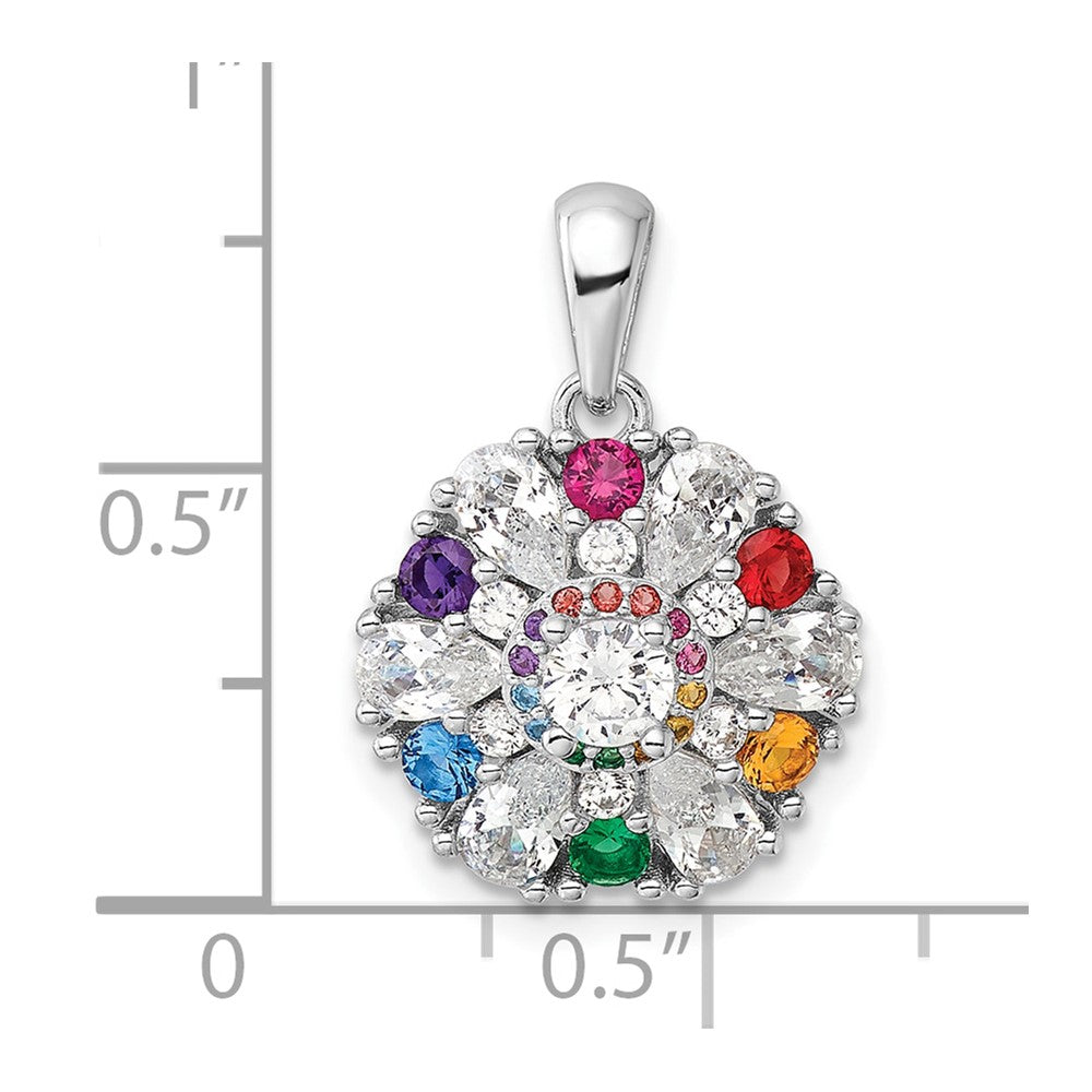 Sterling Silver Rhodium-Pltd Rainbow Nano Crystal &clear CZ Floral Pendant