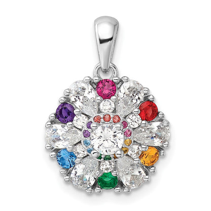 Sterling Silver Rhodium-Pltd Rainbow Nano Crystal &clear CZ Floral Pendant