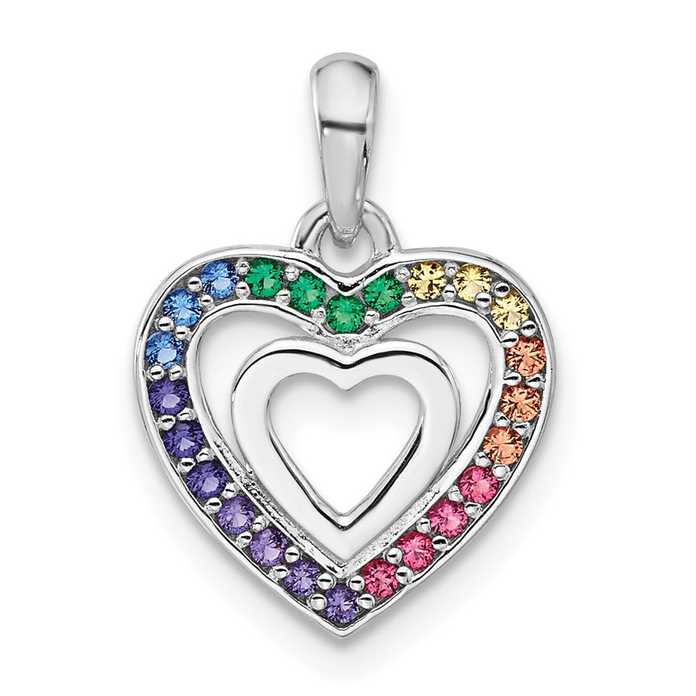 Sterling Silver Rhodium Plated Rainbow Crystal Double Heart Children's Pendant