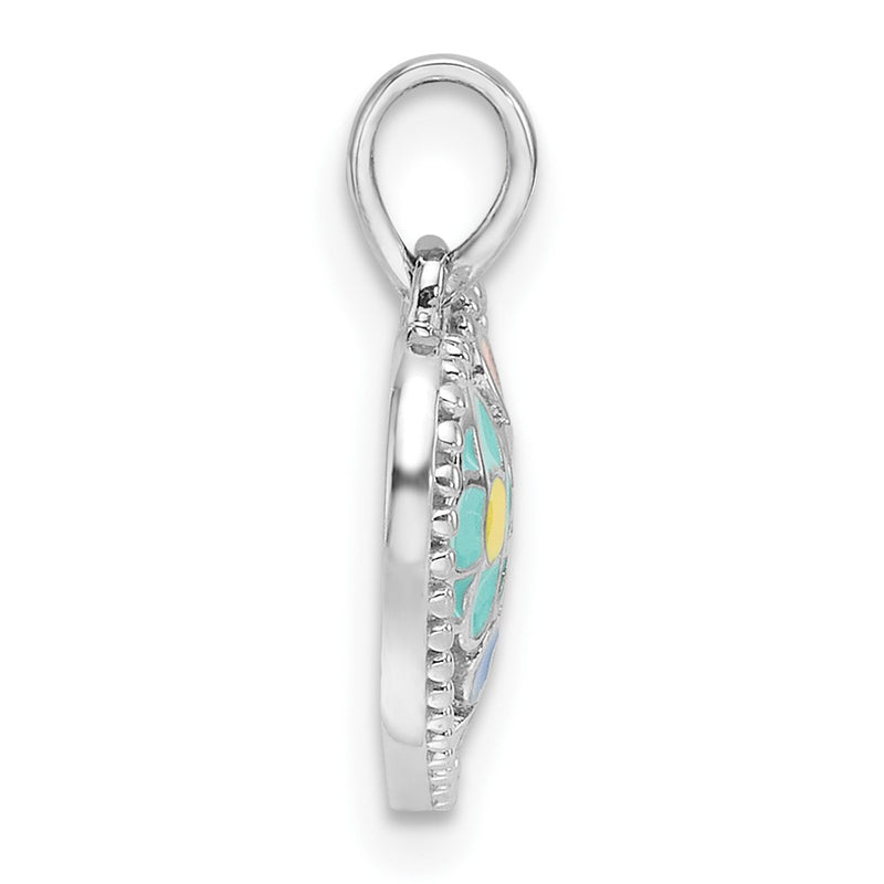 Sterling Silver Rhodium-Plated Enameled Floral Heart Children's Pendant