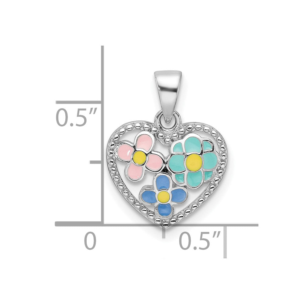 Sterling Silver Rhodium-Plated Enameled Floral Heart Children's Pendant