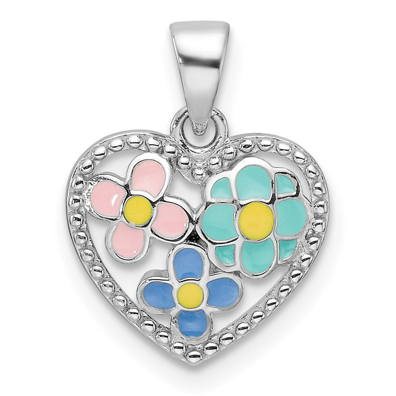 Sterling Silver Rhodium-Plated Enameled Floral Heart Children's Pendant