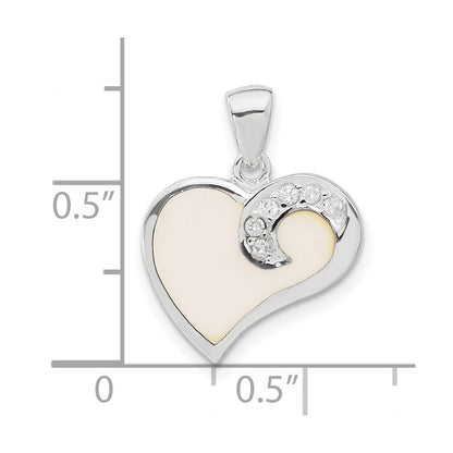 Sterling Silver Cz And White Enameled Heart Pendant