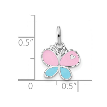 Sterling Silver Rhodium Plated Blue & Pink Enamel Butterfly Children's Pendant