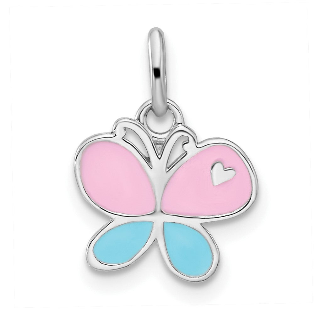 Sterling Silver Rhodium Plated Blue & Pink Enamel Butterfly Children's Pendant