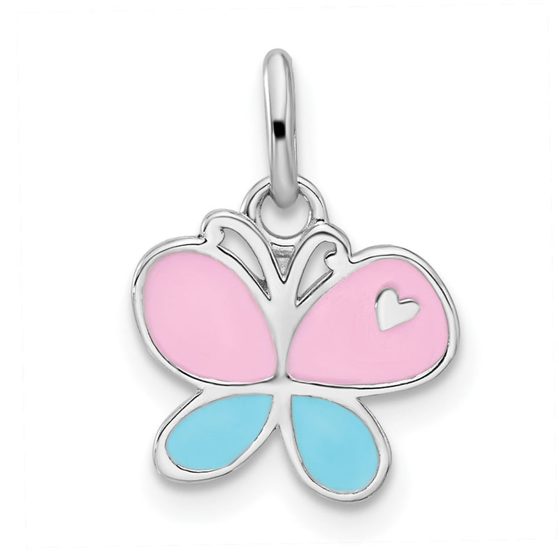 Sterling Silver Rhodium Plated Blue & Pink Enamel Butterfly Children's Pendant