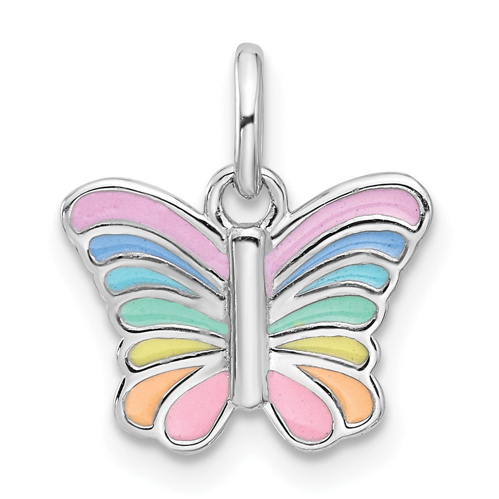 Sterling Silver Rhodium Plated Multi-Color Enameled Butterfly Children's Pendant