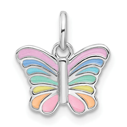 Sterling Silver Rhodium Plated Multi-Color Enameled Butterfly Children's Pendant
