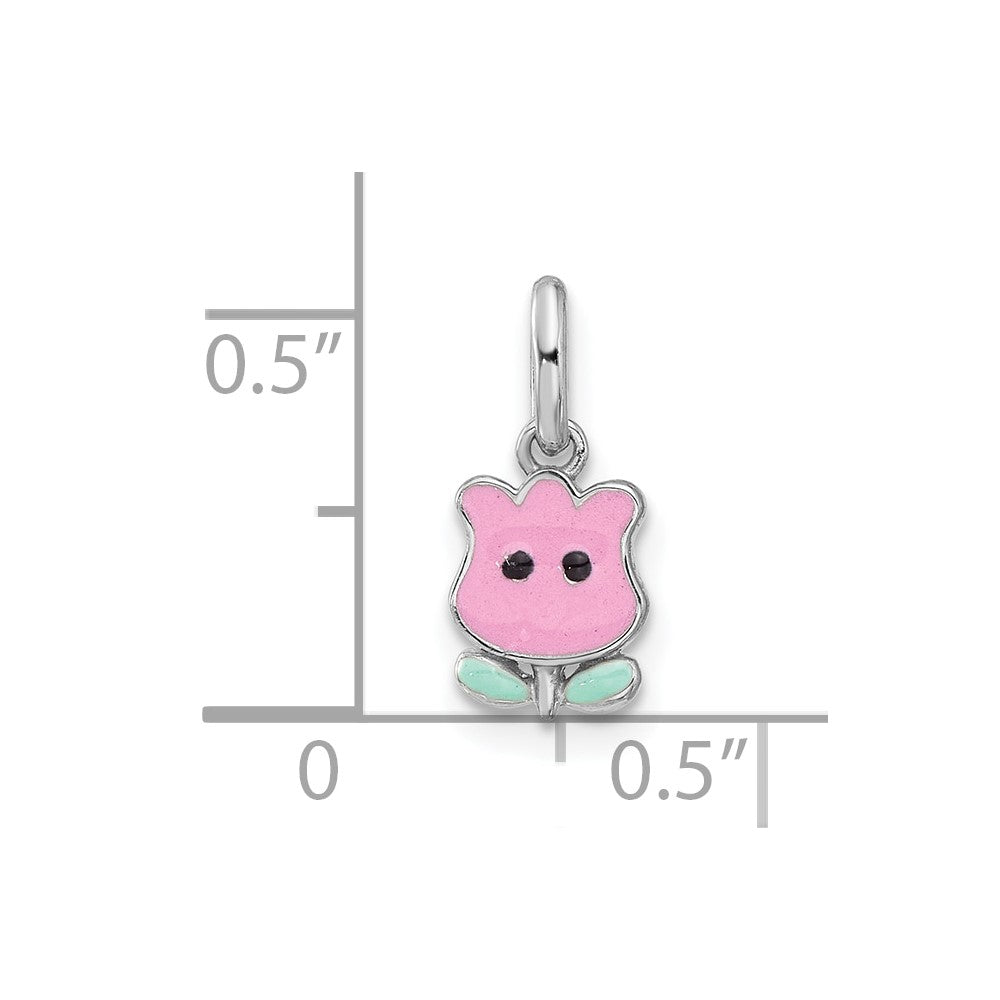 Sterling Silver Rhodium Plated Pink & Green Enamel Tulip Children's Pendant