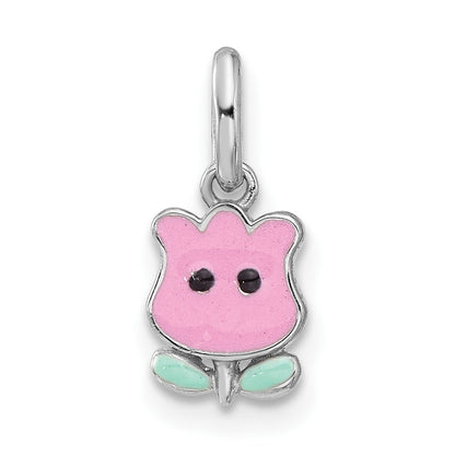 Sterling Silver Rhodium Plated Pink & Green Enamel Tulip Children's Pendant