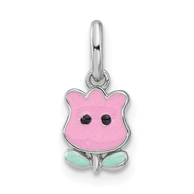 Sterling Silver Rhodium Plated Pink & Green Enamel Tulip Children's Pendant