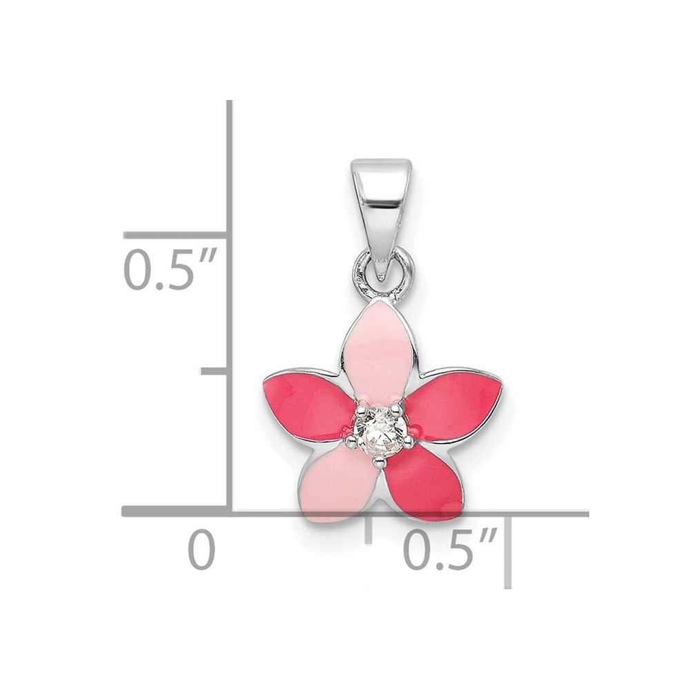 Sterling Silver Rhodium Plated Pink Enamel & CZ Flower Children's Pendant