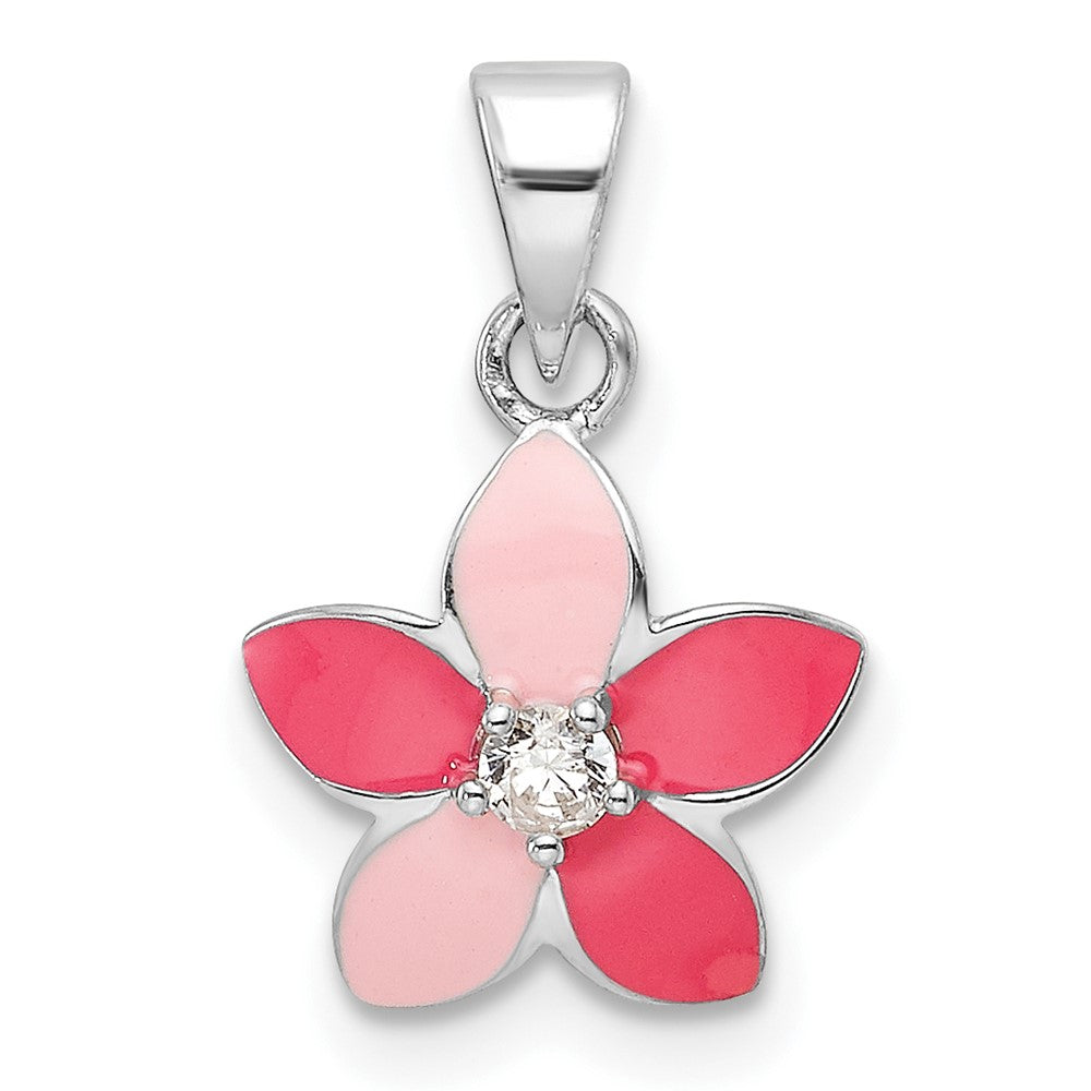 Sterling Silver Rhodium Plated Pink Enamel & CZ Flower Children's Pendant